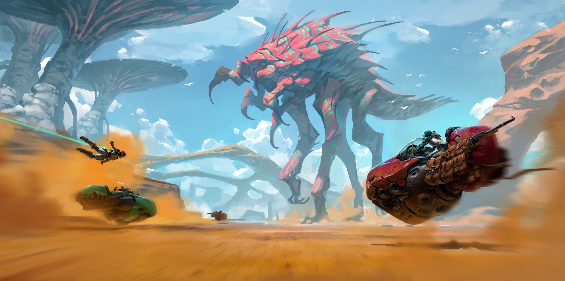 Alien creature and riders on a desert planet HD Wallpaper