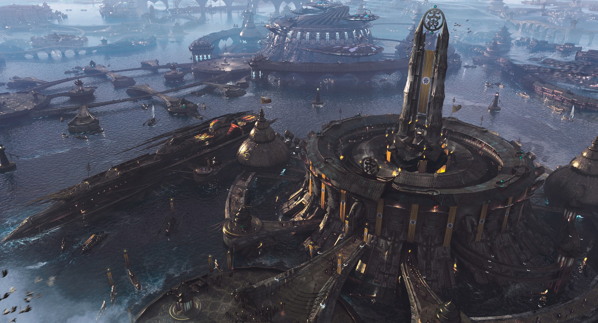 Science fiction harbor city with futuristic ships HD Wallpaper