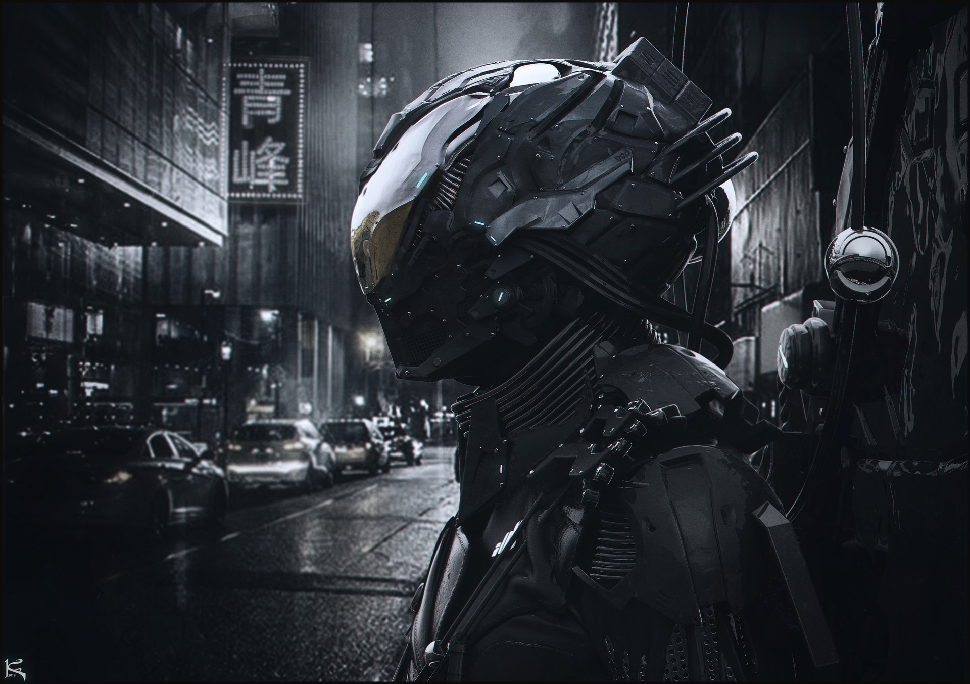 Cyberpunk character in a futuristic city street HD Wallpaper