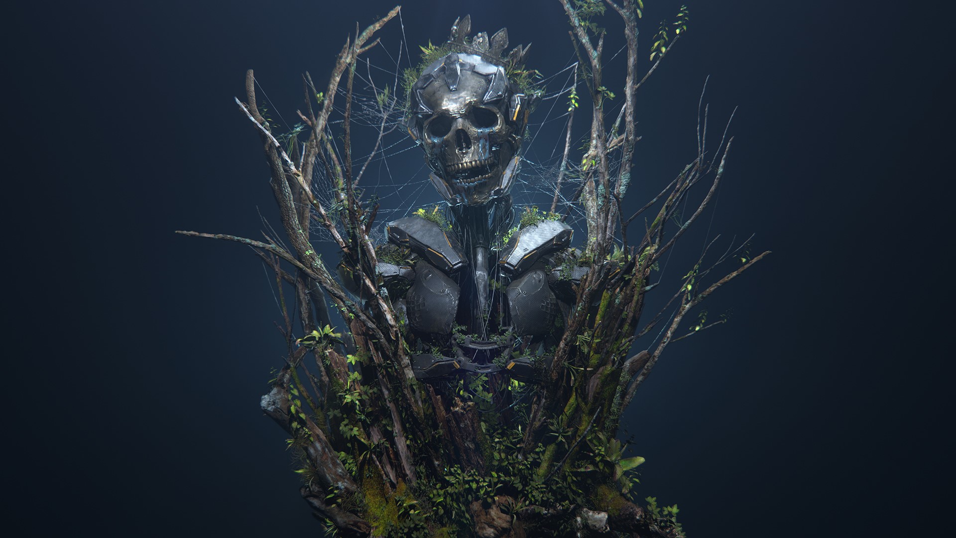 Skeleton with crown and armor overgrown with plants HD Wallpaper