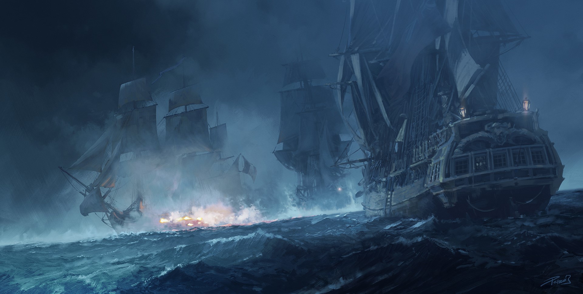 Pirate ships in a stormy ocean battle HD Wallpaper