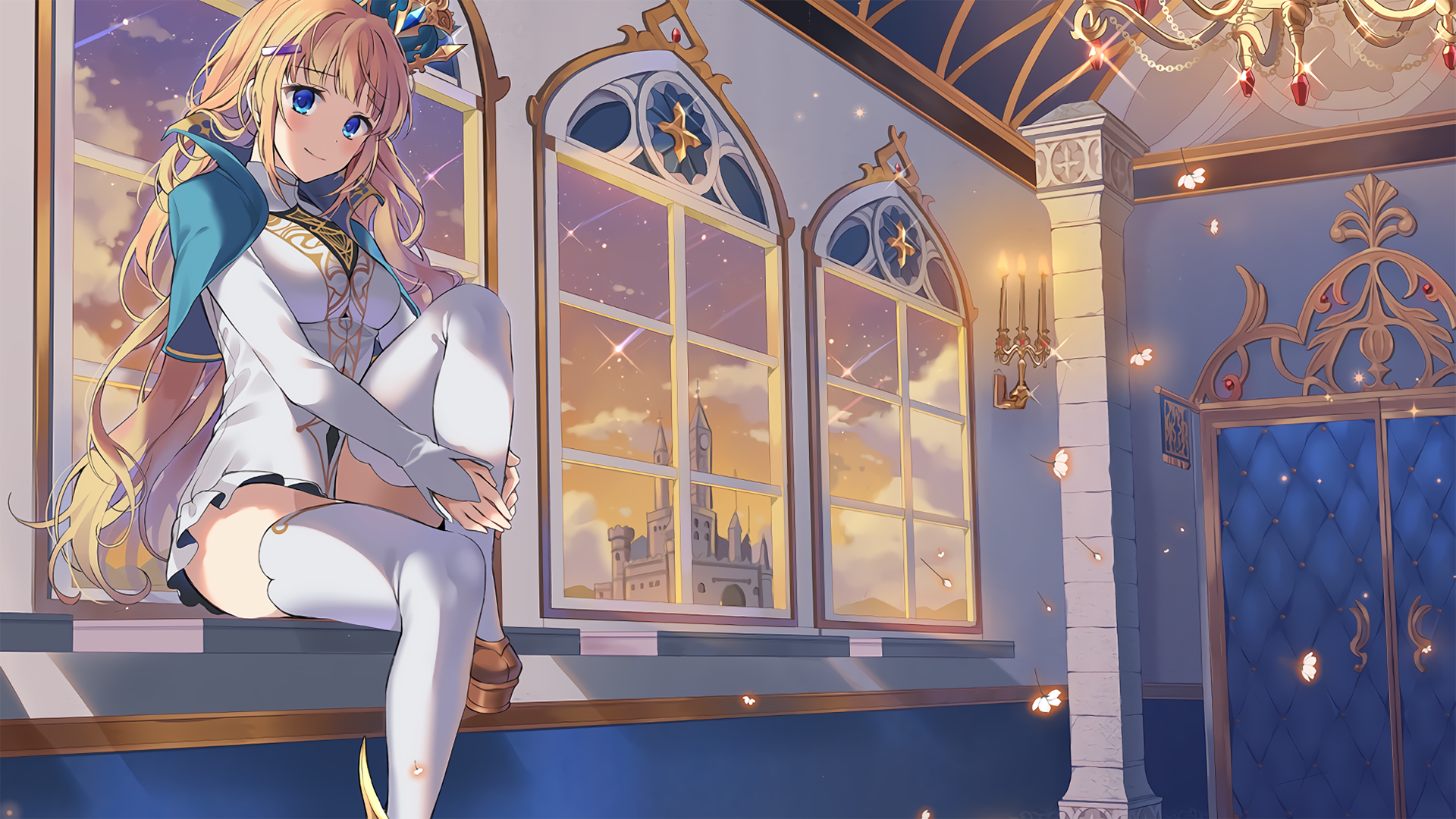 Anime girl with blonde hair and blue eyes in a white dress HD Wallpaper