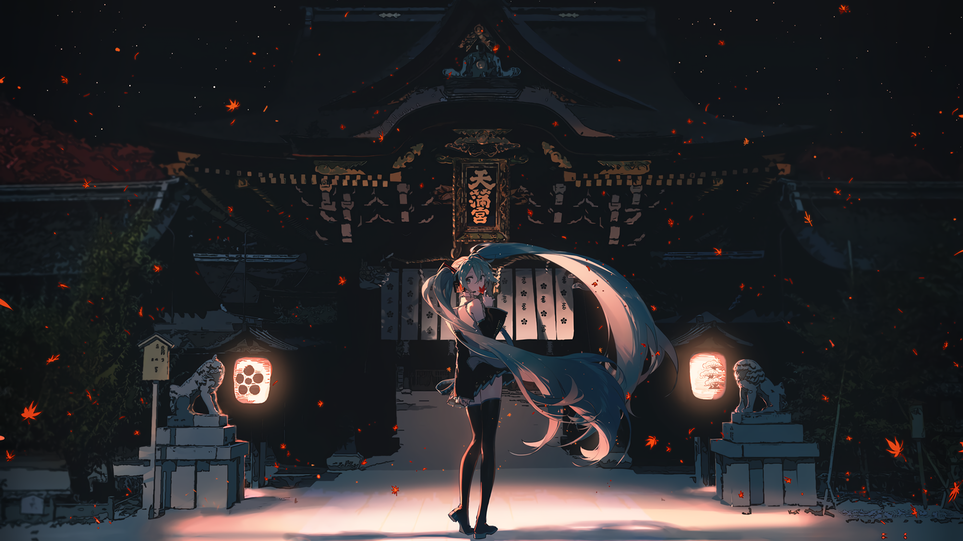 Hatsune Miku in front of a Japanese Shrine HD Wallpaper