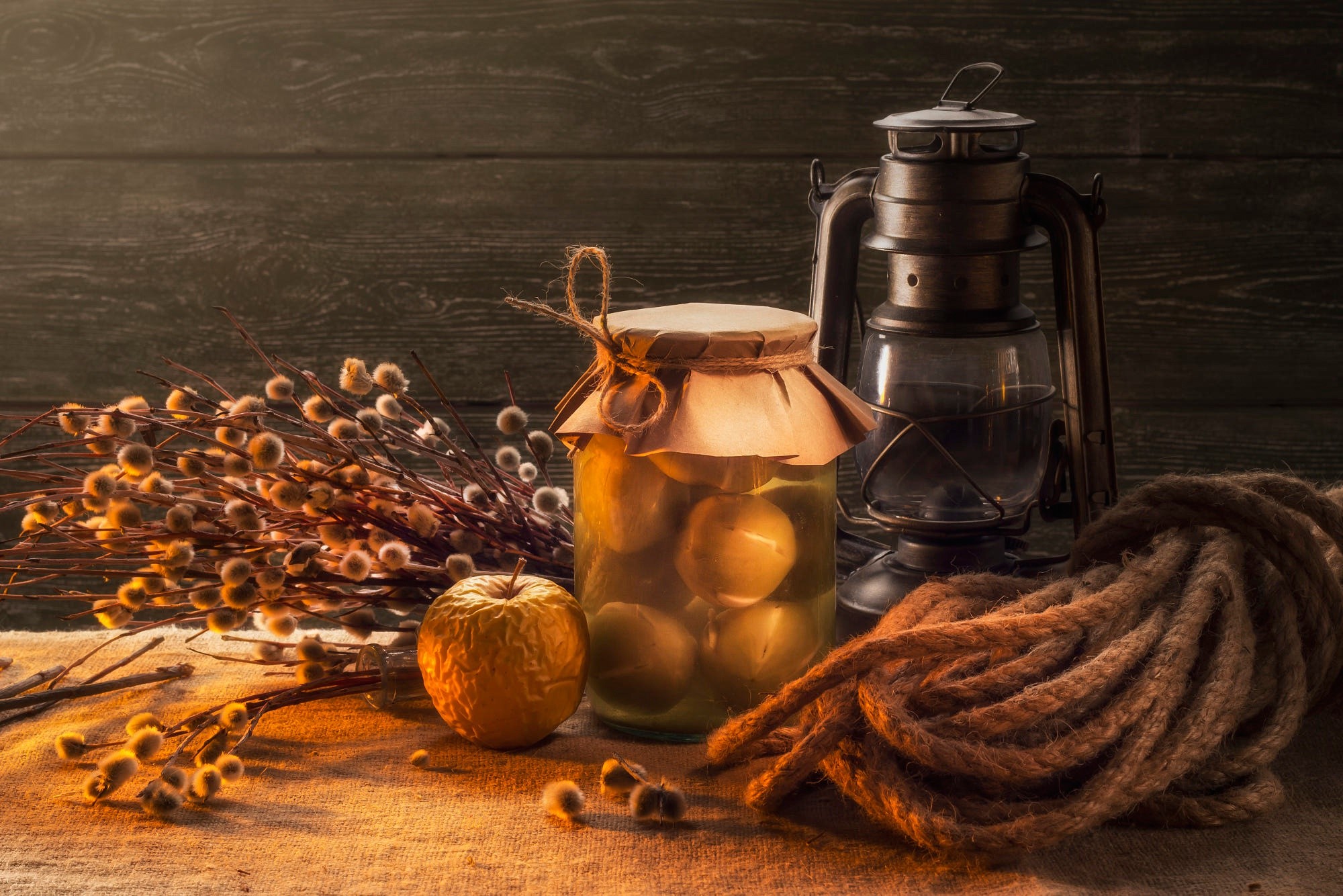 Still life with preserved fruit, lantern, and rope HD Wallpaper