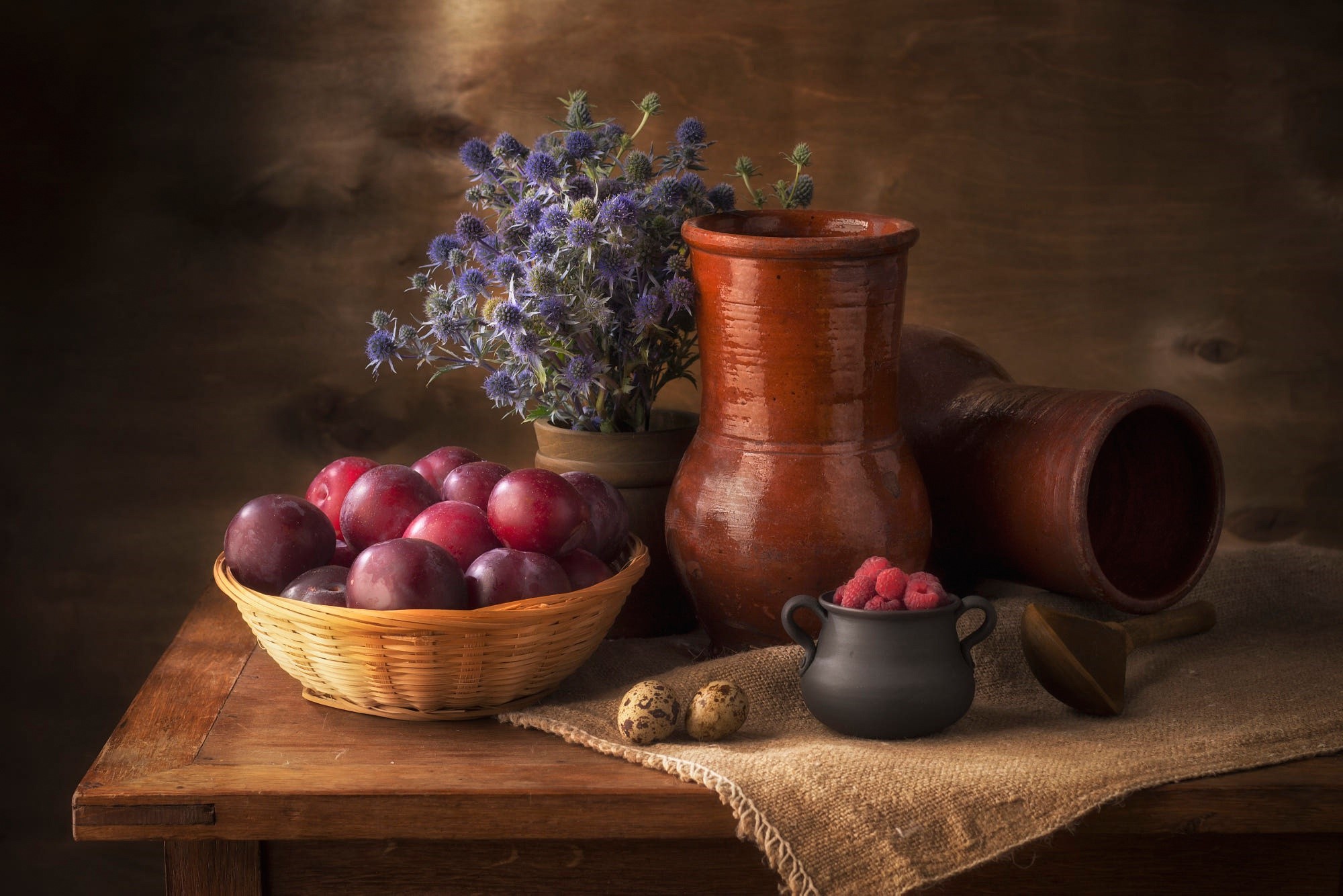 Still life with plums, raspberries, flowers, and pottery HD Wallpaper