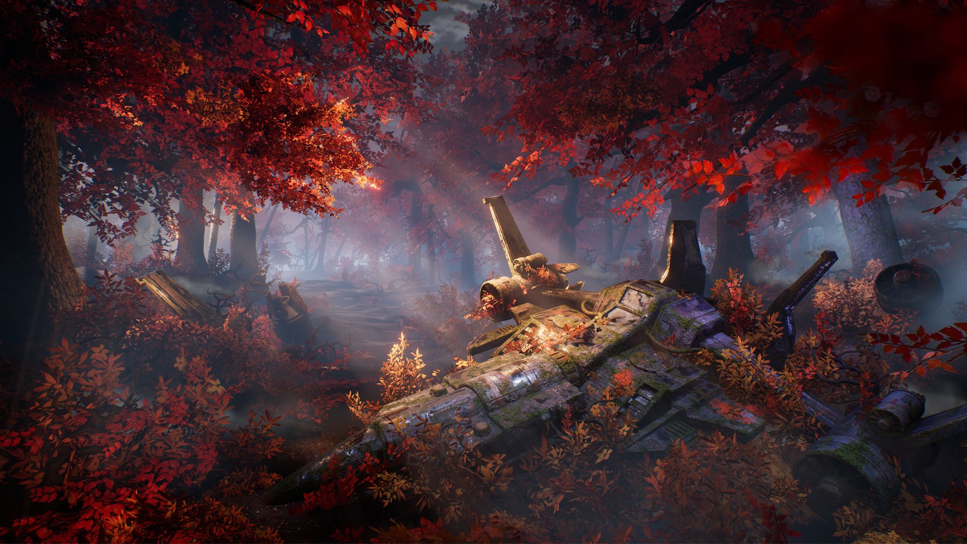 Crashed spaceship in a red autumn forest HD Wallpaper