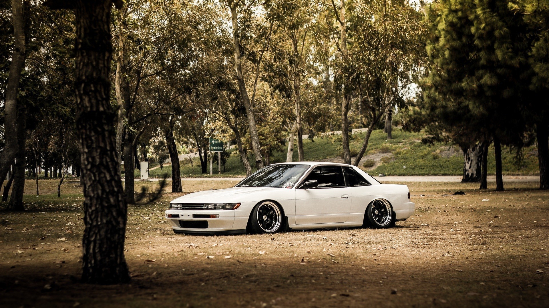 White JDM drift car parked in a park with trees HD Wallpaper