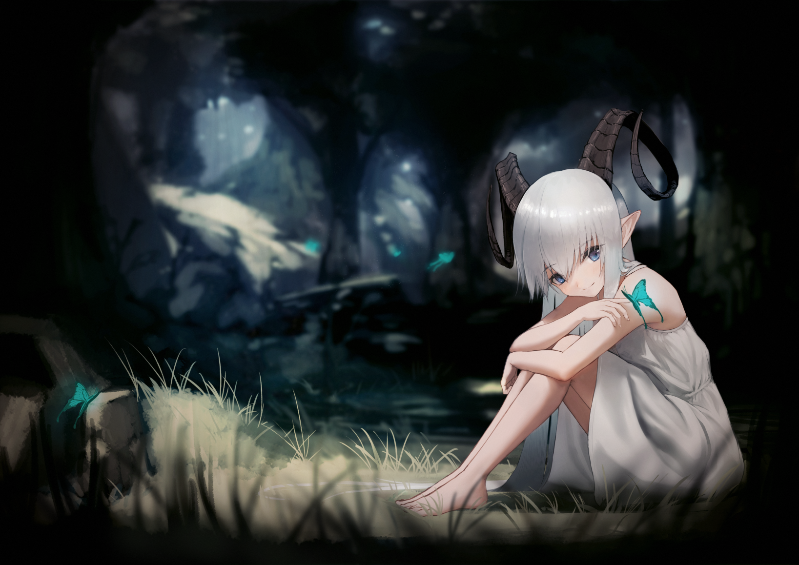 Girl with horns and butterfly tattoo in a dark forest HD Wallpaper