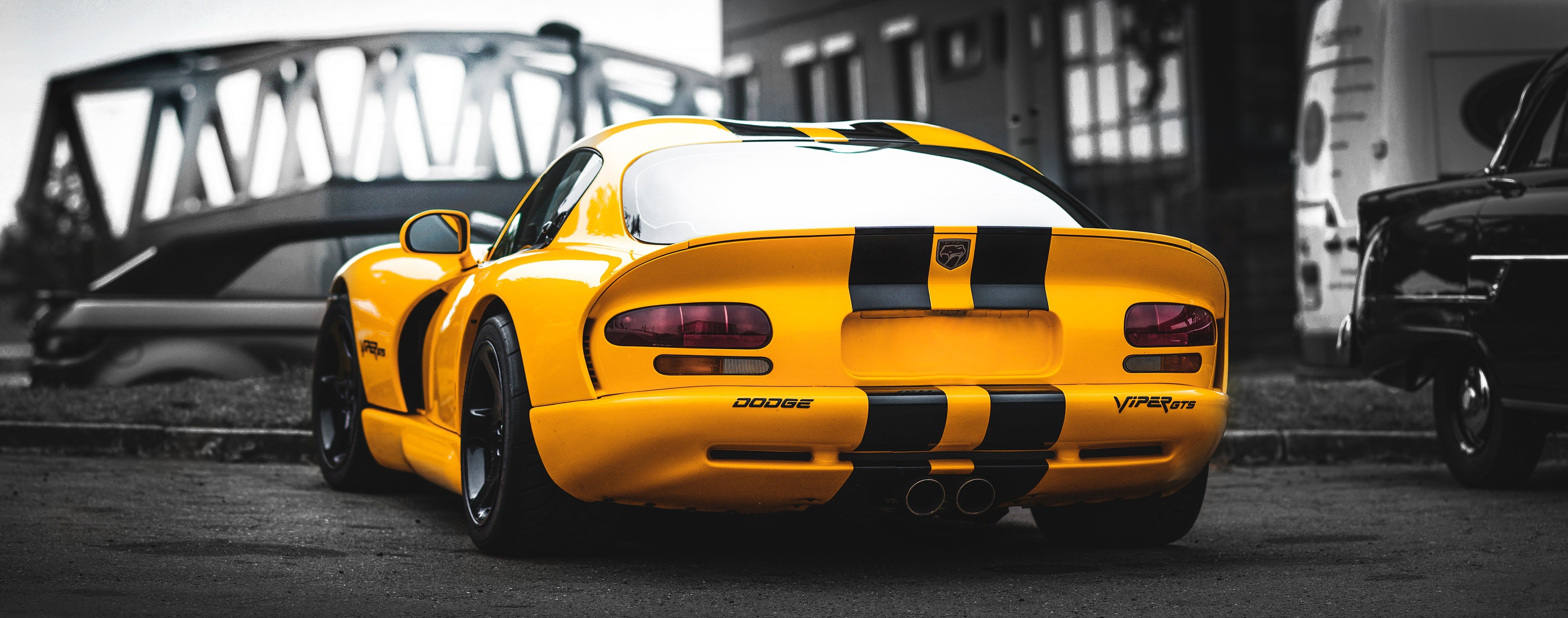 Yellow Dodge Viper GTS with black stripes HD Wallpaper