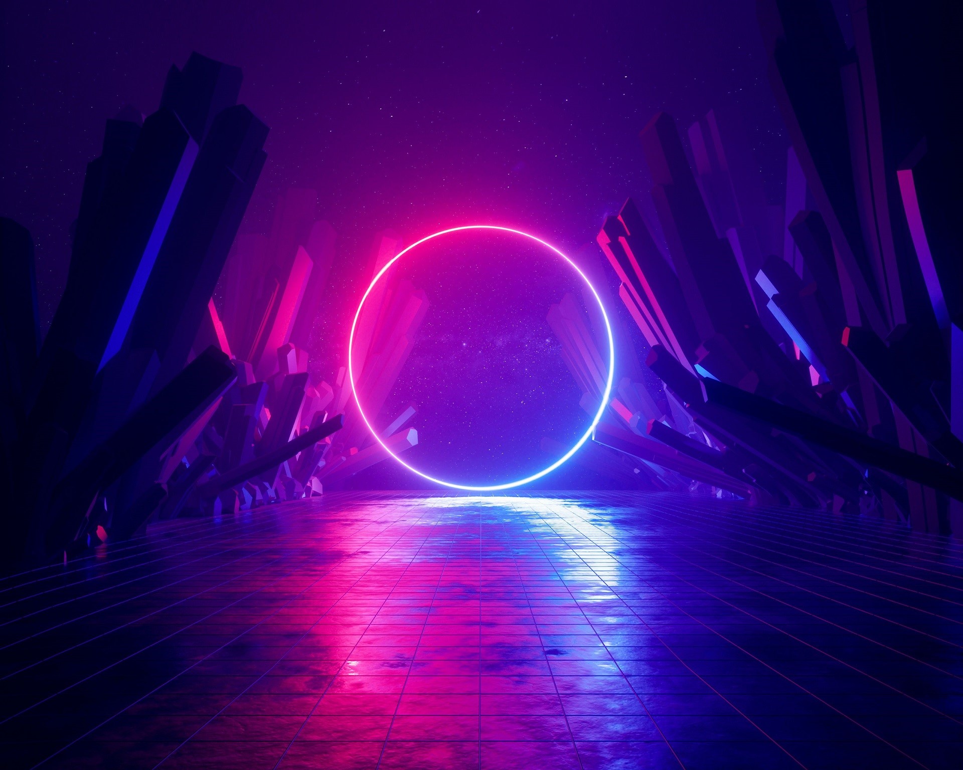 Abstract Neon Circle Surrounded by Crystalline Structures HD Wallpaper