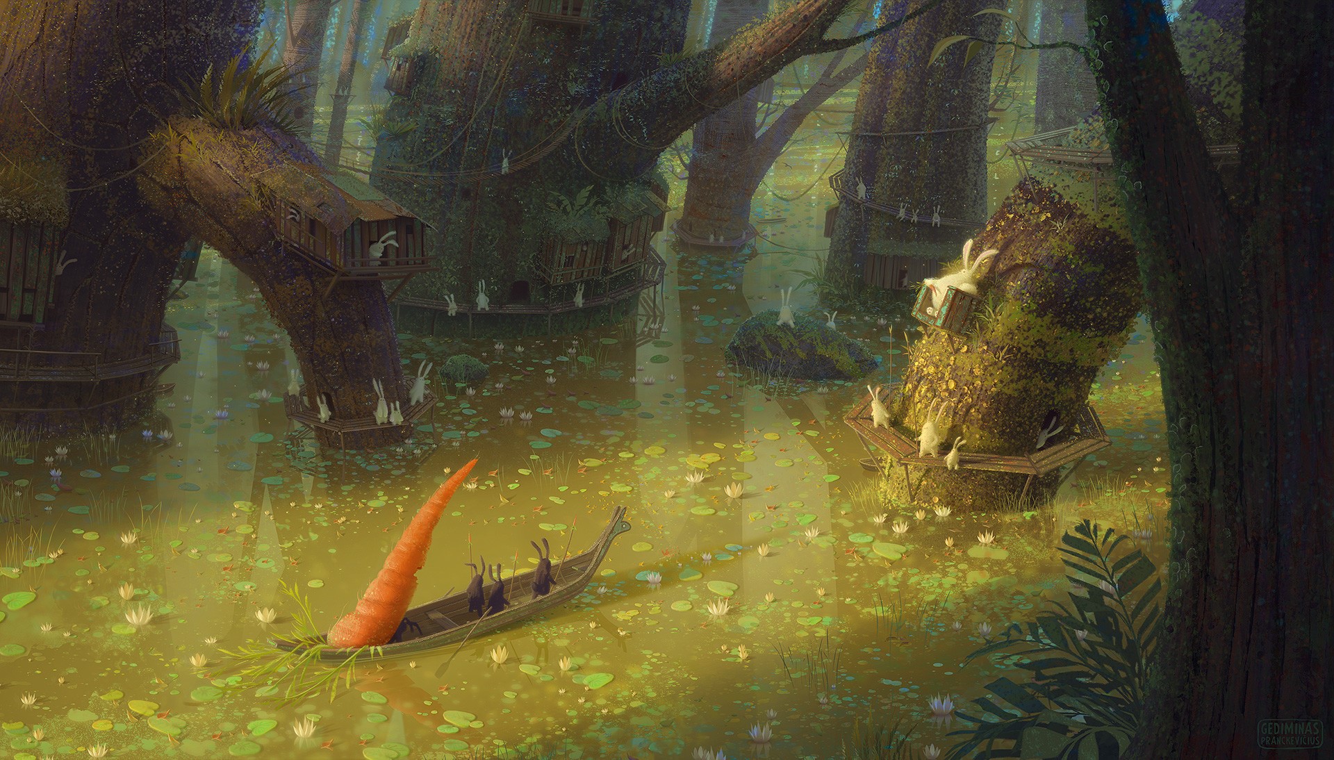 Rabbits in a fantasy swamp with a carrot boat HD Wallpaper
