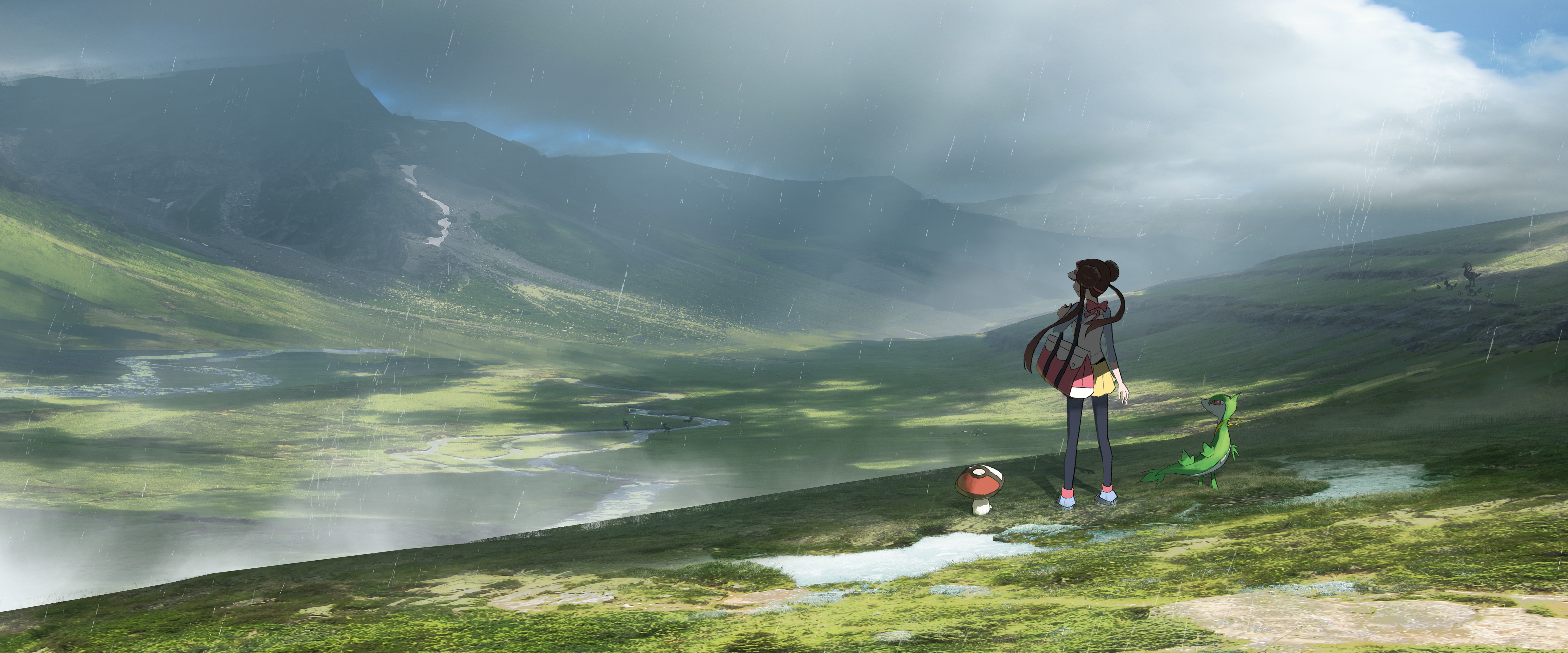 Rosa from Pokémon with a Grookey in the rain HD Wallpaper