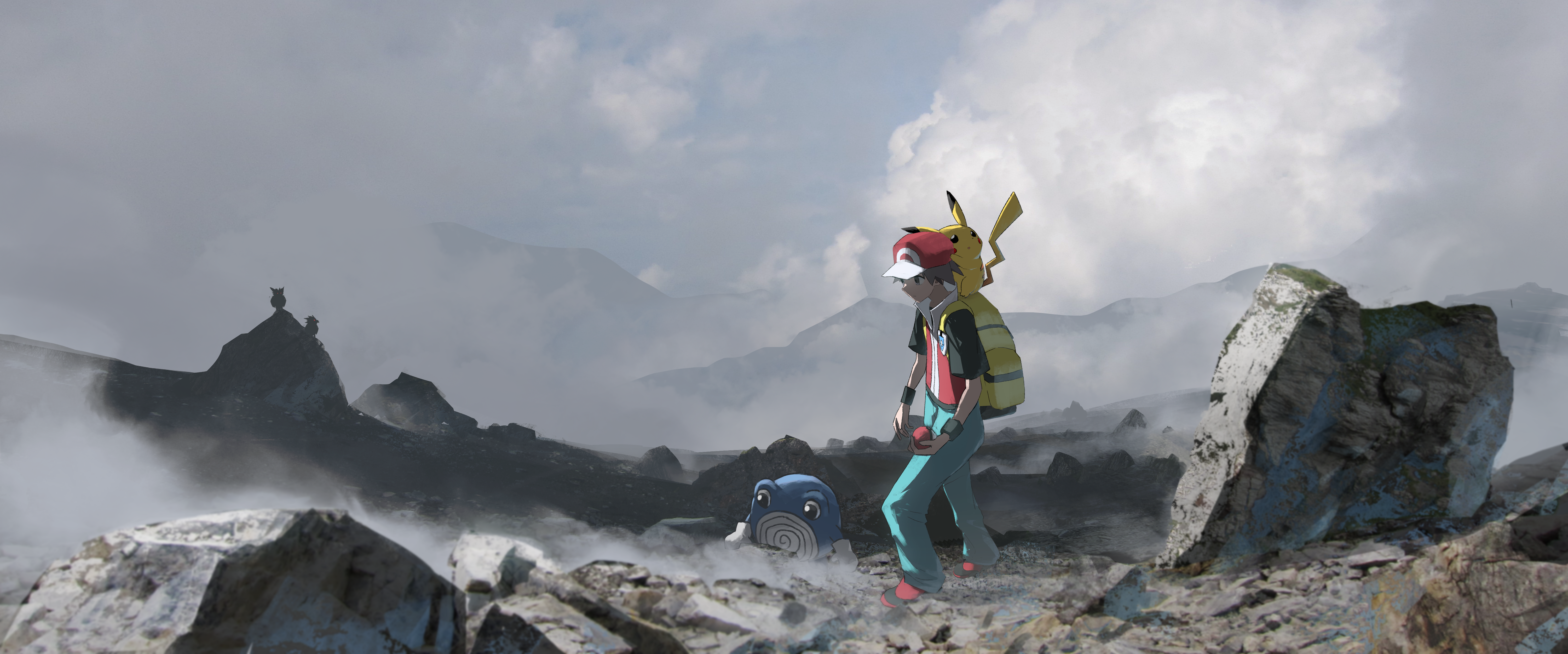 Ash Ketchum and Poliwag in a rocky landscape HD Wallpaper