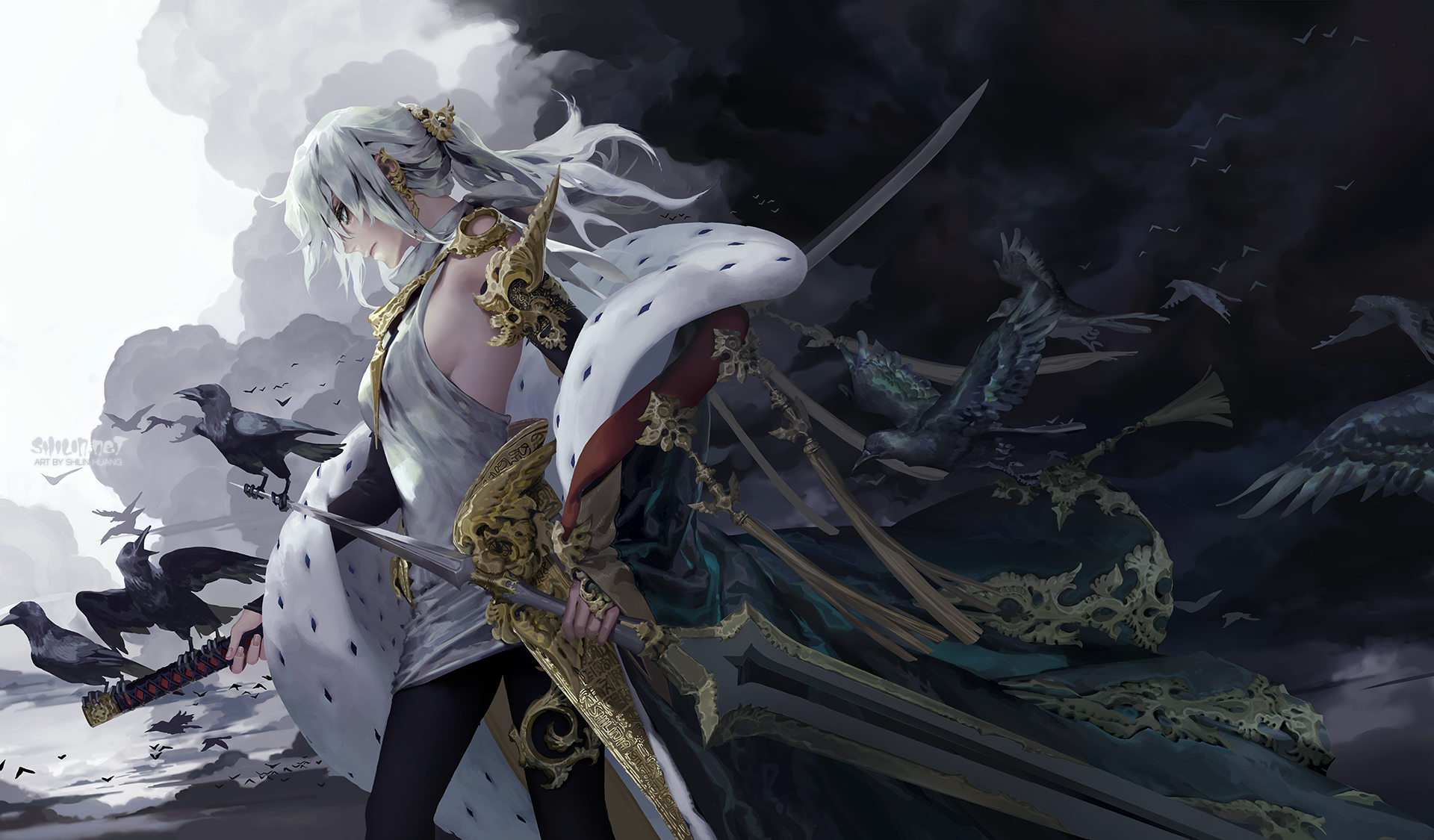 Carciphona artwork of a character with white hair and swords HD Wallpaper