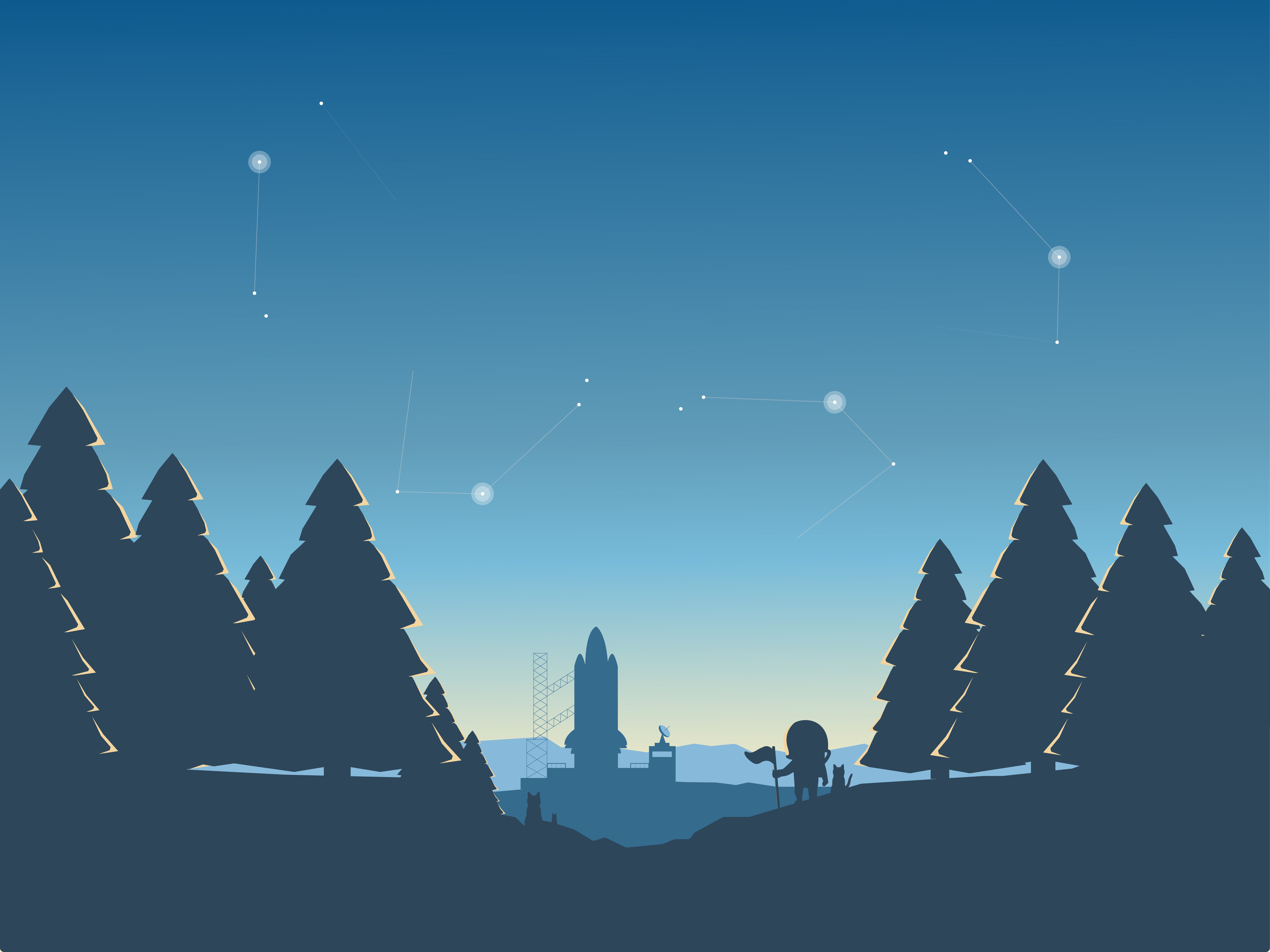 Space shuttle launch site with constellations and trees HD Wallpaper