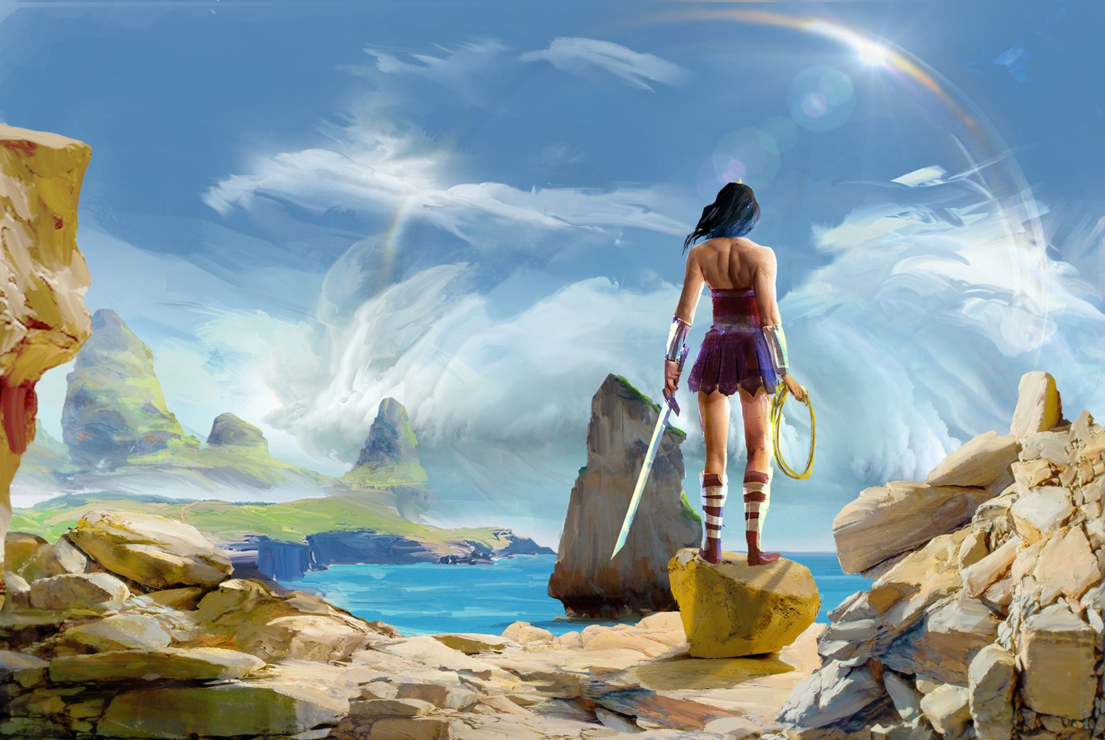 Wonder Woman standing on a rocky outcrop overlooking the sea HD Wallpaper