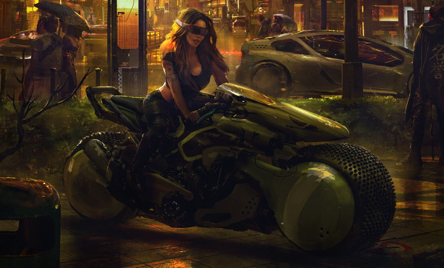 Woman on a futuristic motorcycle in a cyberpunk city HD Wallpaper