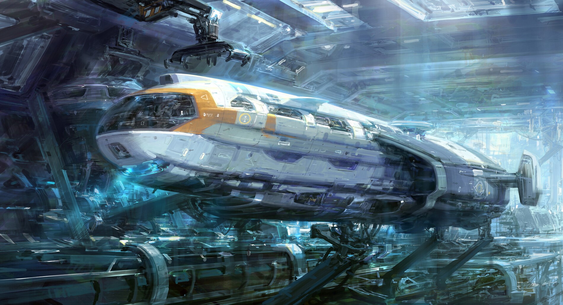 Futuristic spaceship docked in a science fiction hangar HD Wallpaper