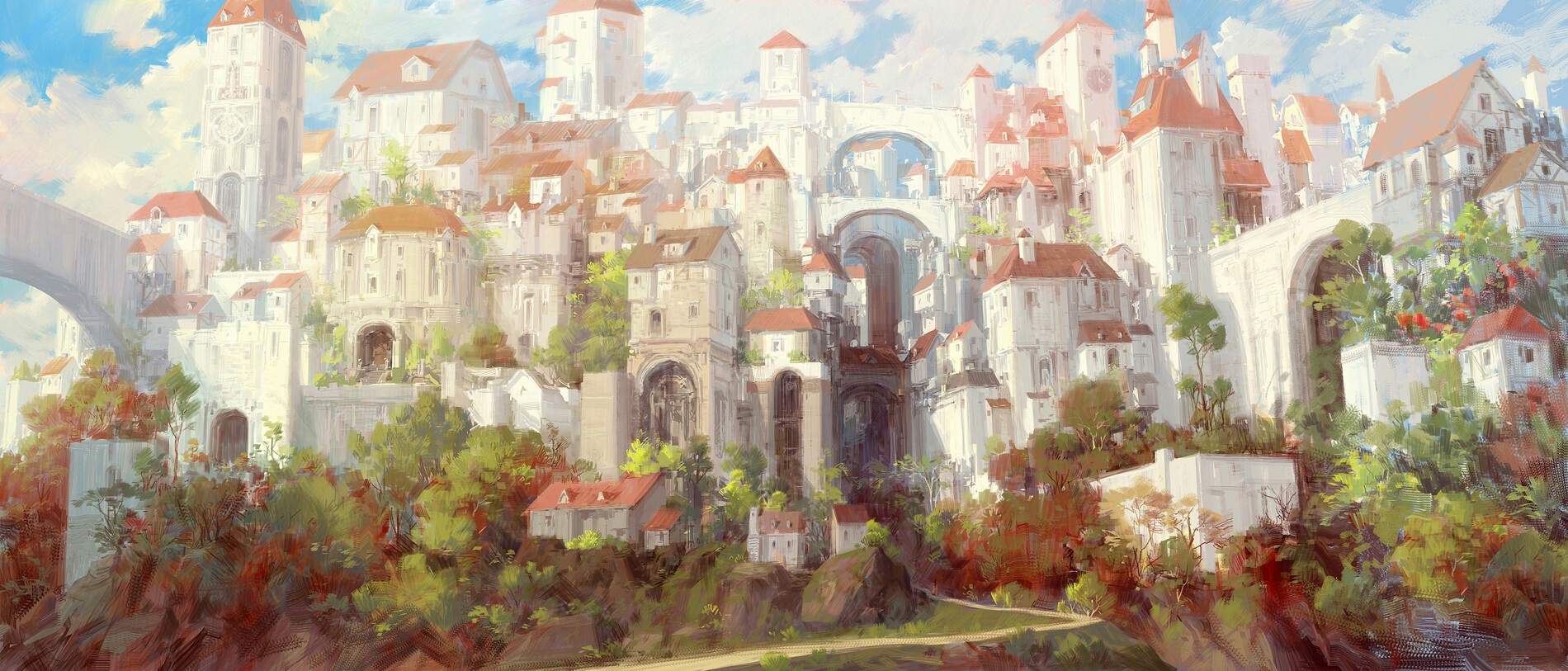 Fantasy city artwork with bridges and buildings HD Wallpaper