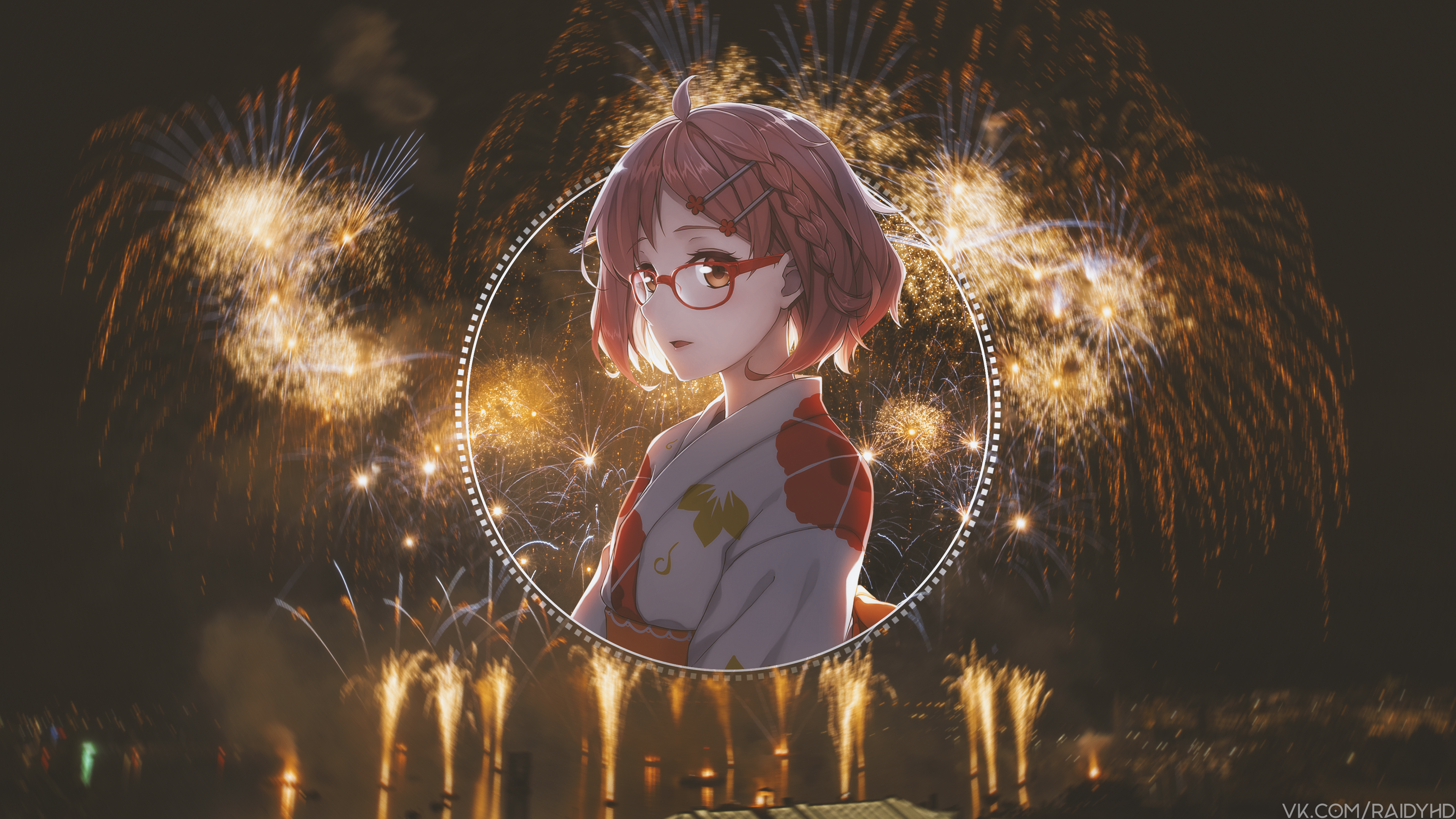 Anime girl in kimono with fireworks HD Wallpaper