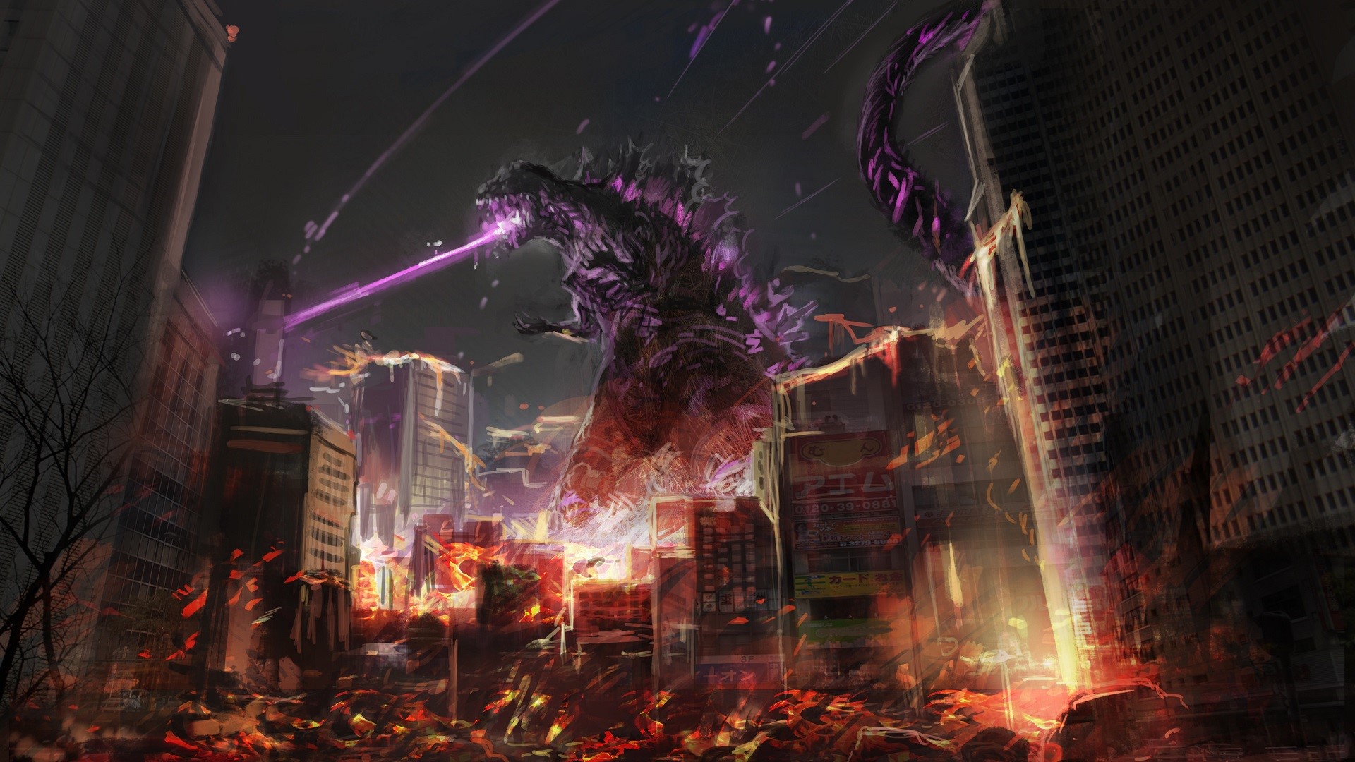 Godzilla attacking a city with atomic breath HD Wallpaper