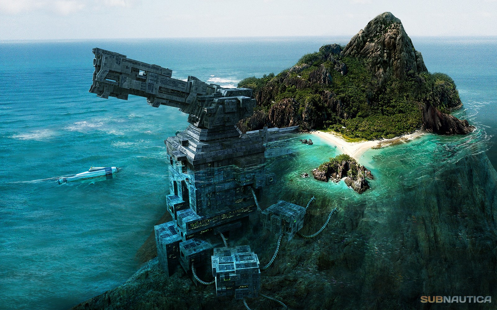 Subnautica futuristic island and underwater structure HD Wallpaper