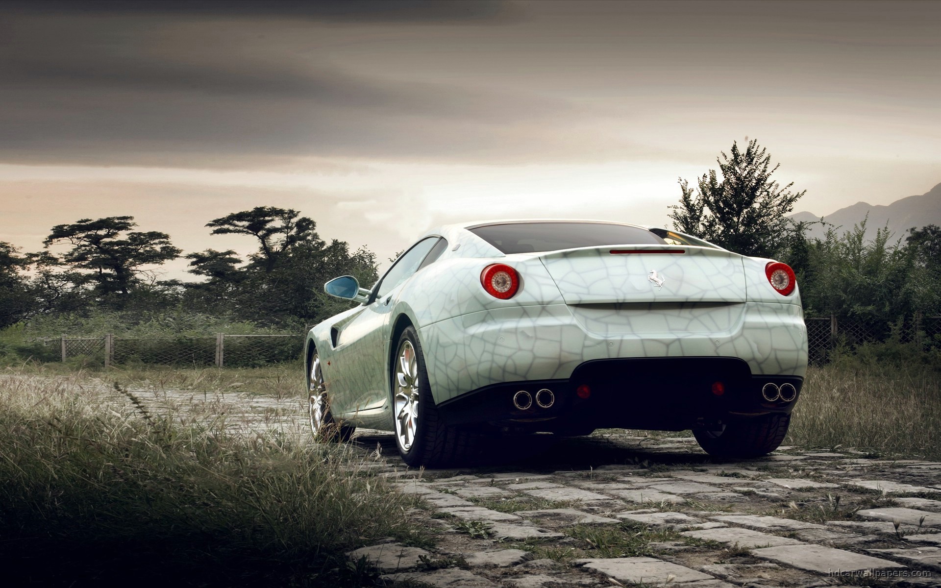 White Ferrari 599 on a stone path in China HD Wallpaper