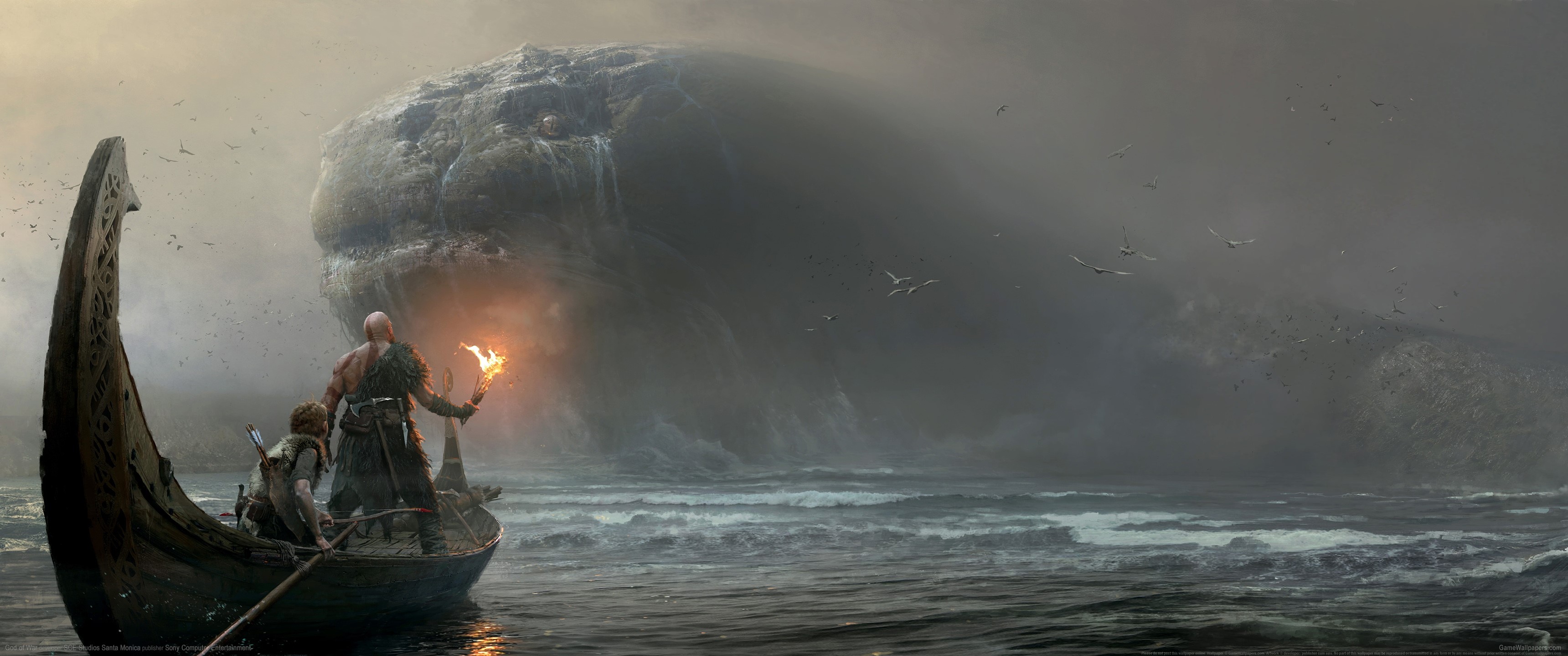 Kratos and Atreus from God of War on a boat facing a giant creature HD Wallpaper
