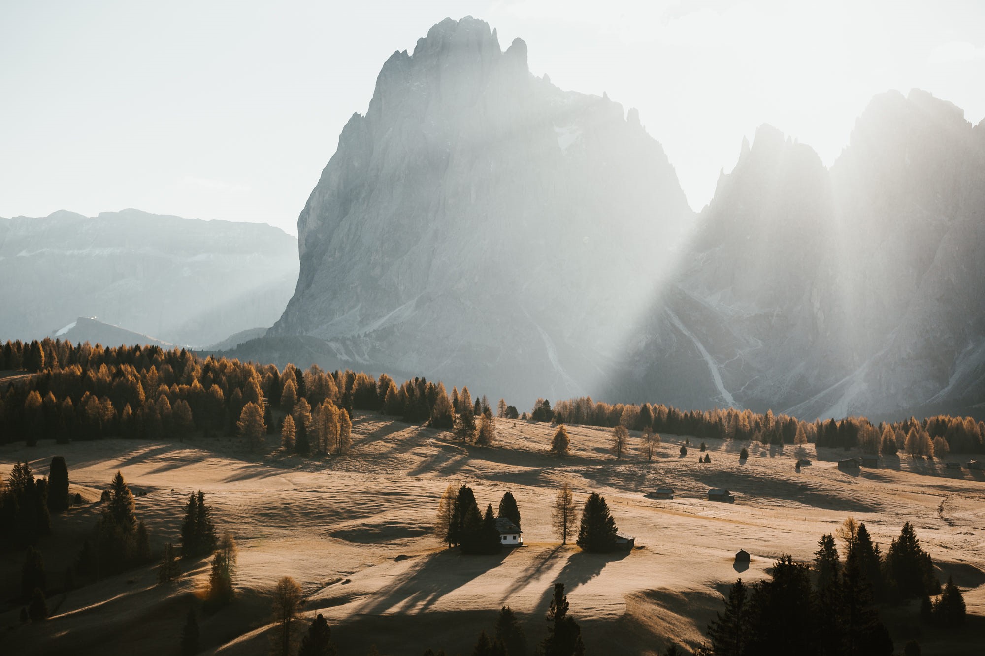 Sunlight over mountains and trees in a landscape HD Wallpaper
