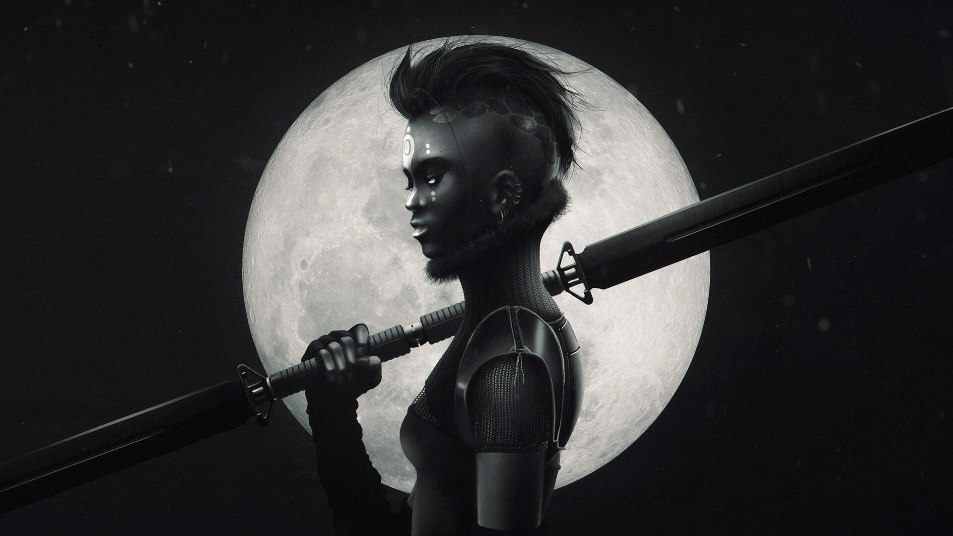 Fantasy warrior with sword and moon HD Wallpaper