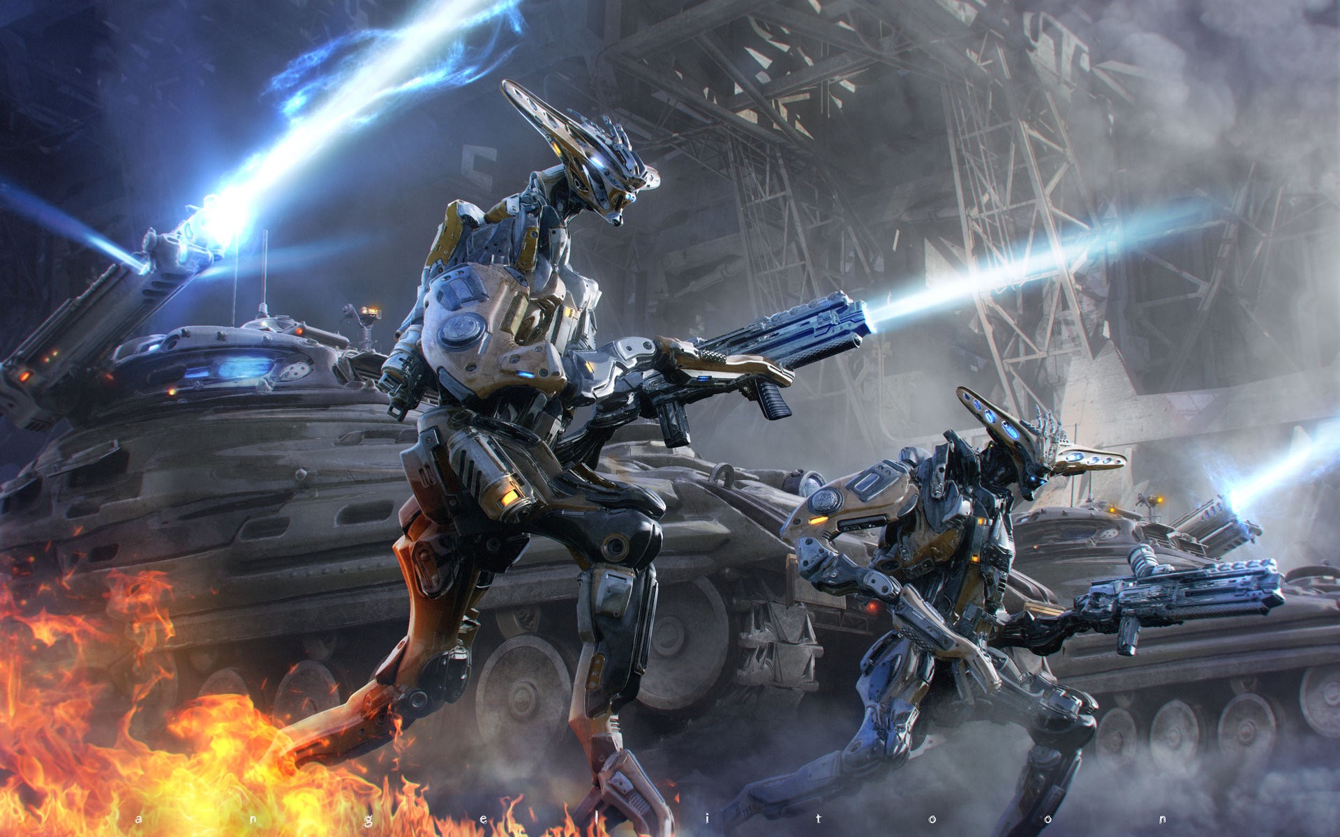 Robots fighting with lasers and tanks HD Wallpaper