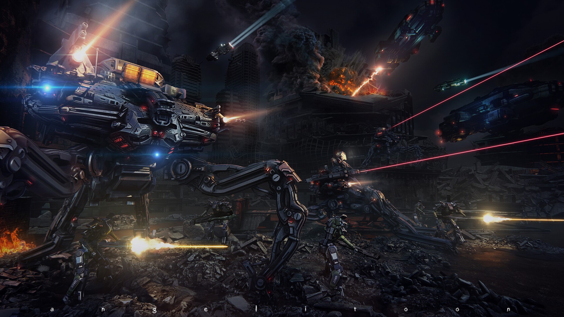 Futuristic War Battle with Mechs and Aircraft HD Wallpaper