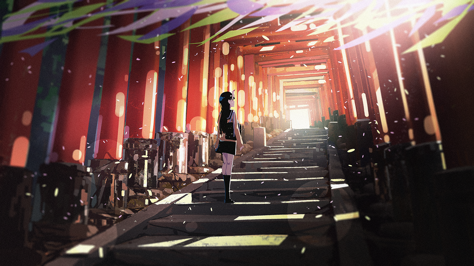 Anime girl standing on steps under torii gates HD Wallpaper