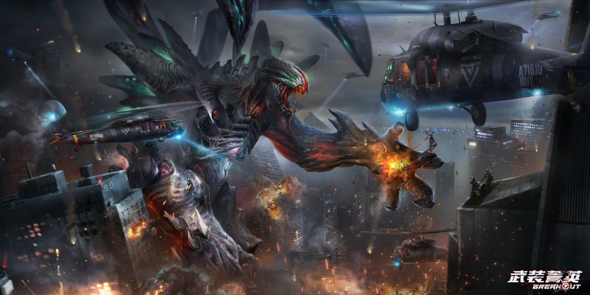 Giant creature attacking a city with helicopters HD Wallpaper