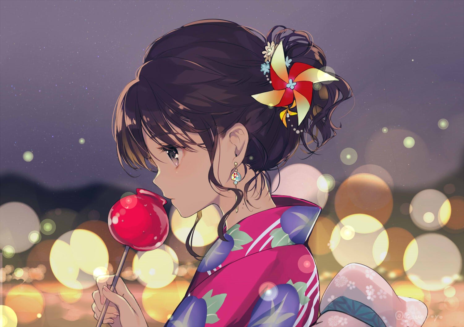 Anime girl in yukata eating candy apple HD Wallpaper