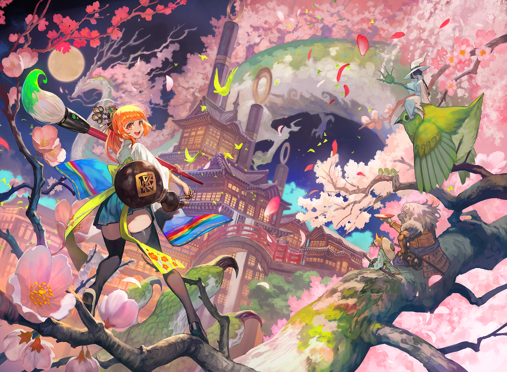 Anime girl with paintbrush and gourd in front of Japanese architecture HD Wallpaper