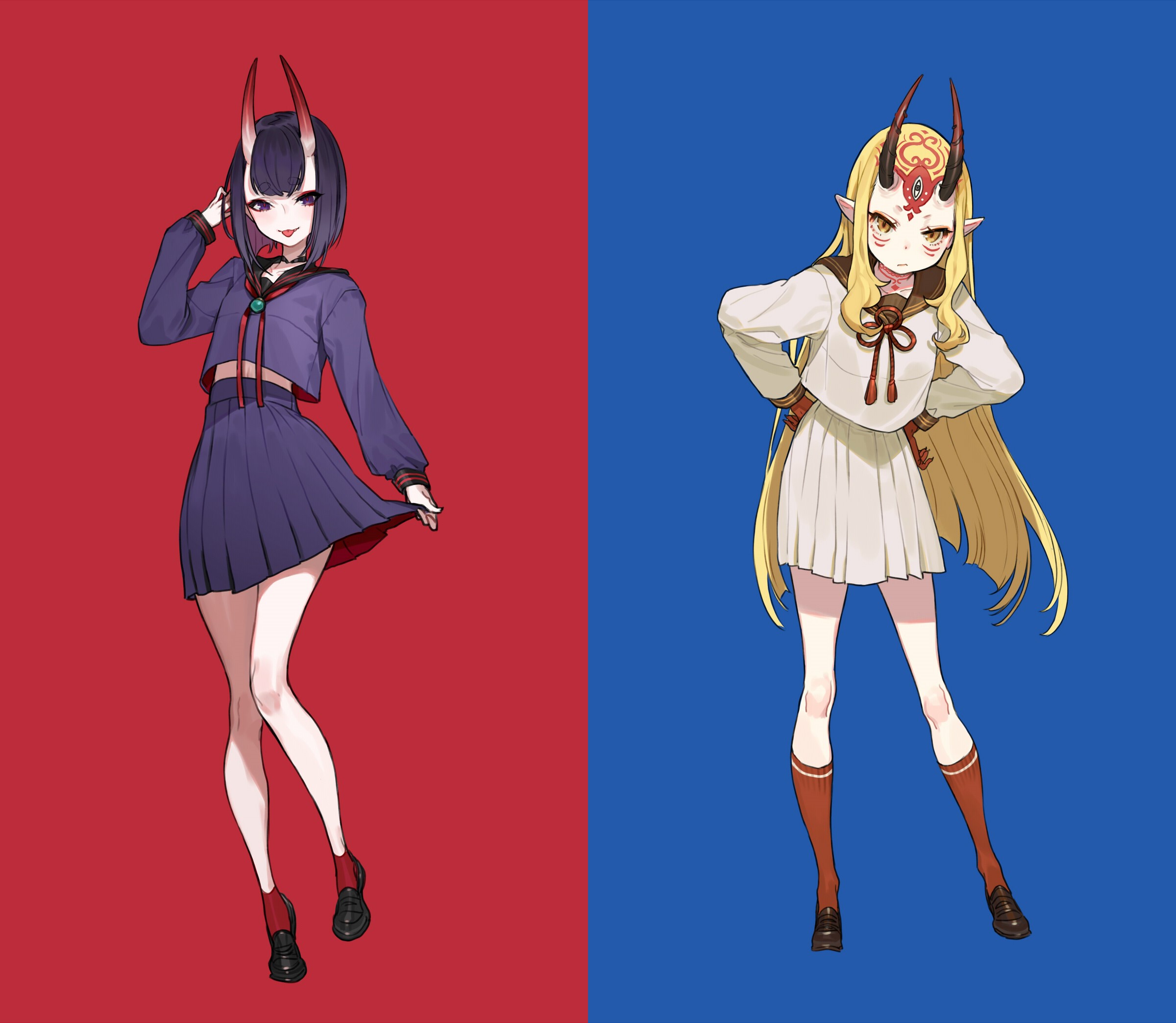 Two anime girls with horns in school uniforms HD Wallpaper
