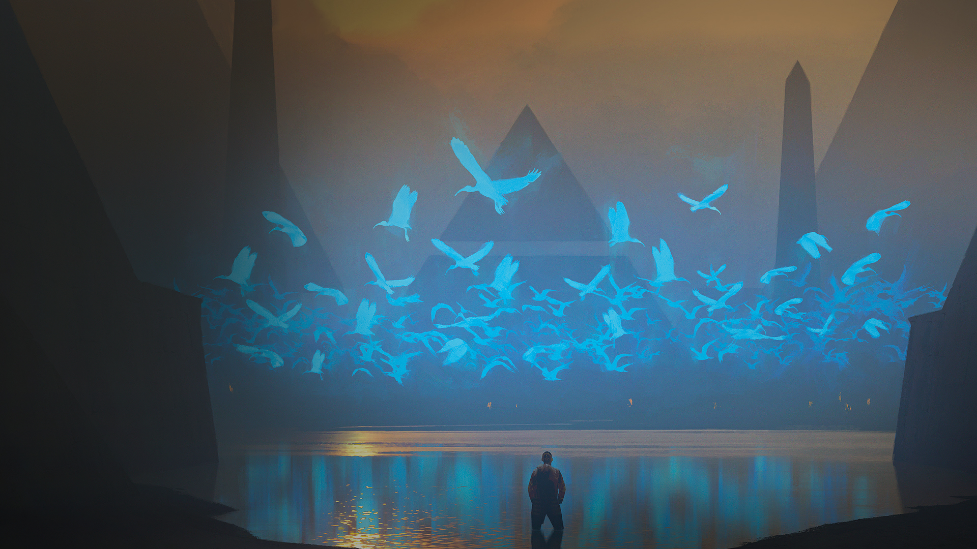 Artwork by Richard Wright with cyan birds HD Wallpaper