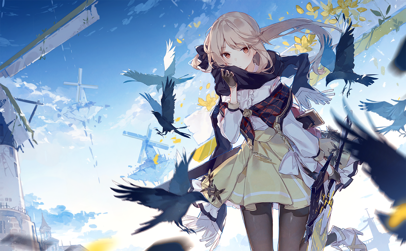 Anime girl with crows and windmills HD Wallpaper