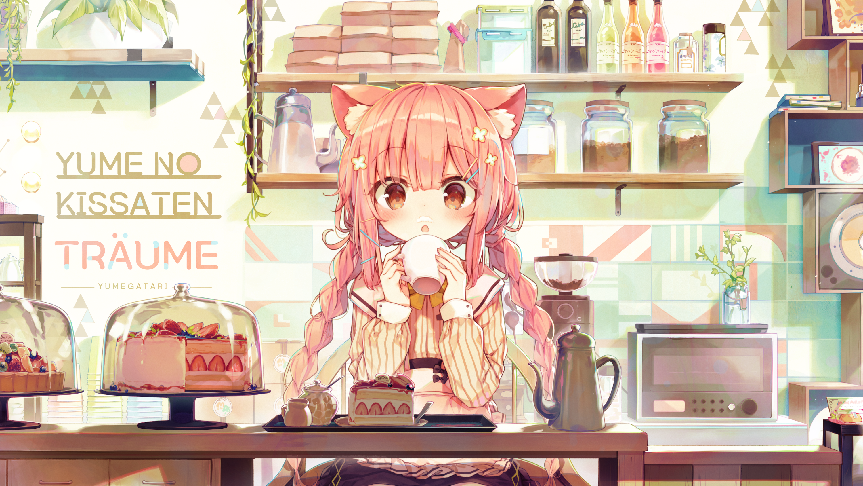 Anime girl with cat ears drinking from a mug in a cafe HD Wallpaper