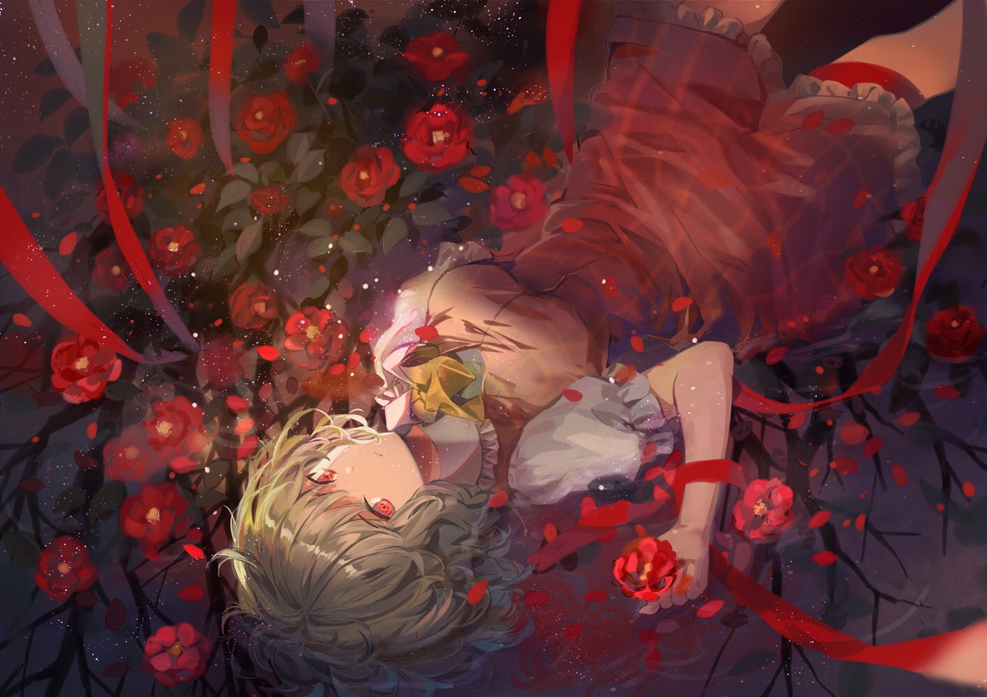 Anime girl lying in a field of red roses HD Wallpaper