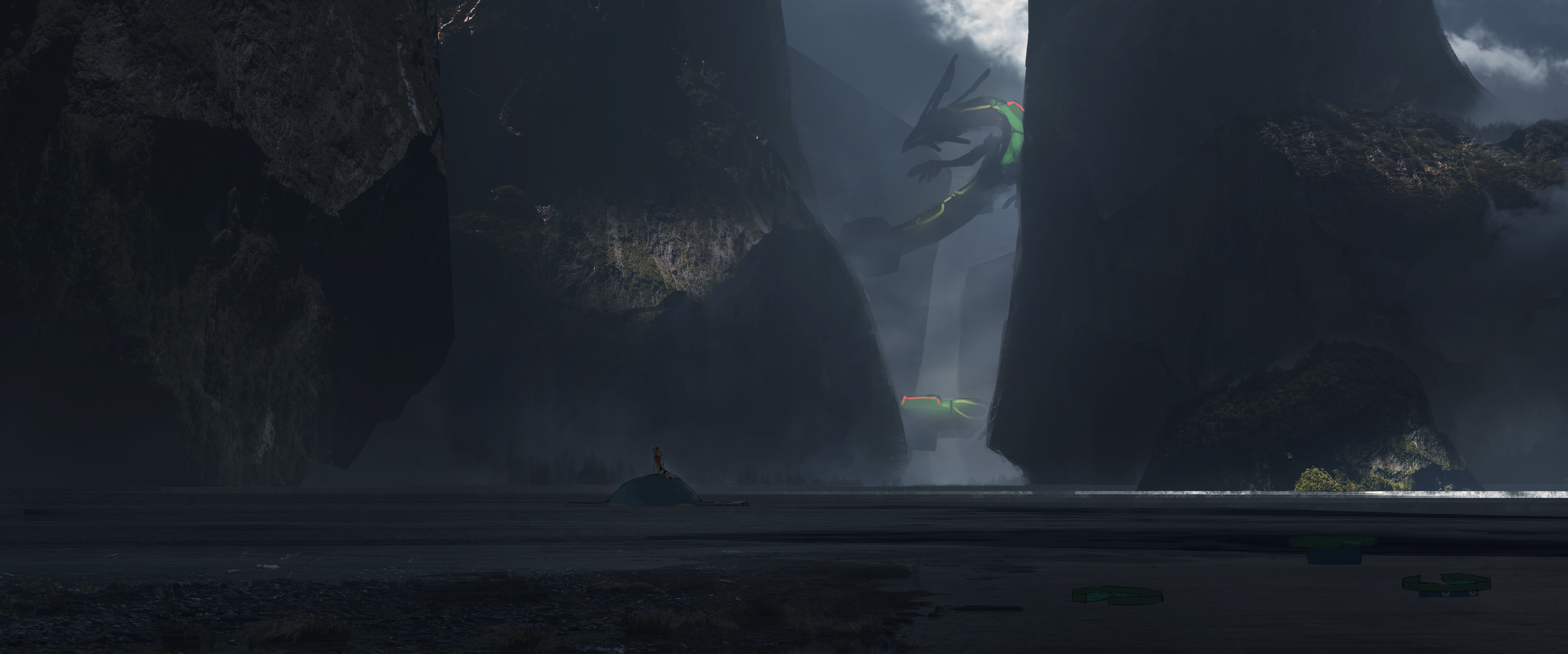 Rayquaza from Pokémon in a rocky canyon HD Wallpaper