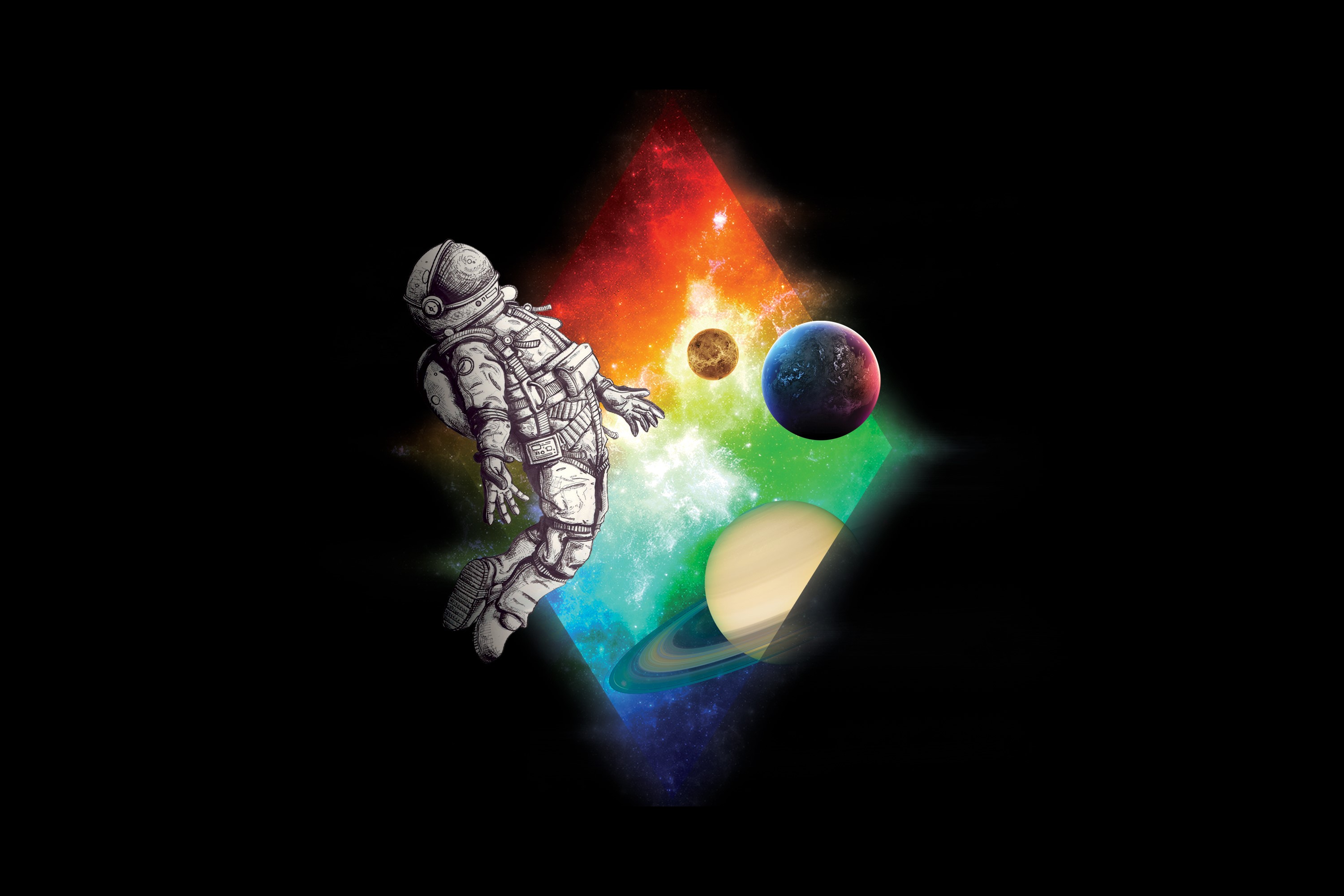 Astronaut floating in colorful rhombus with planets HD Wallpaper