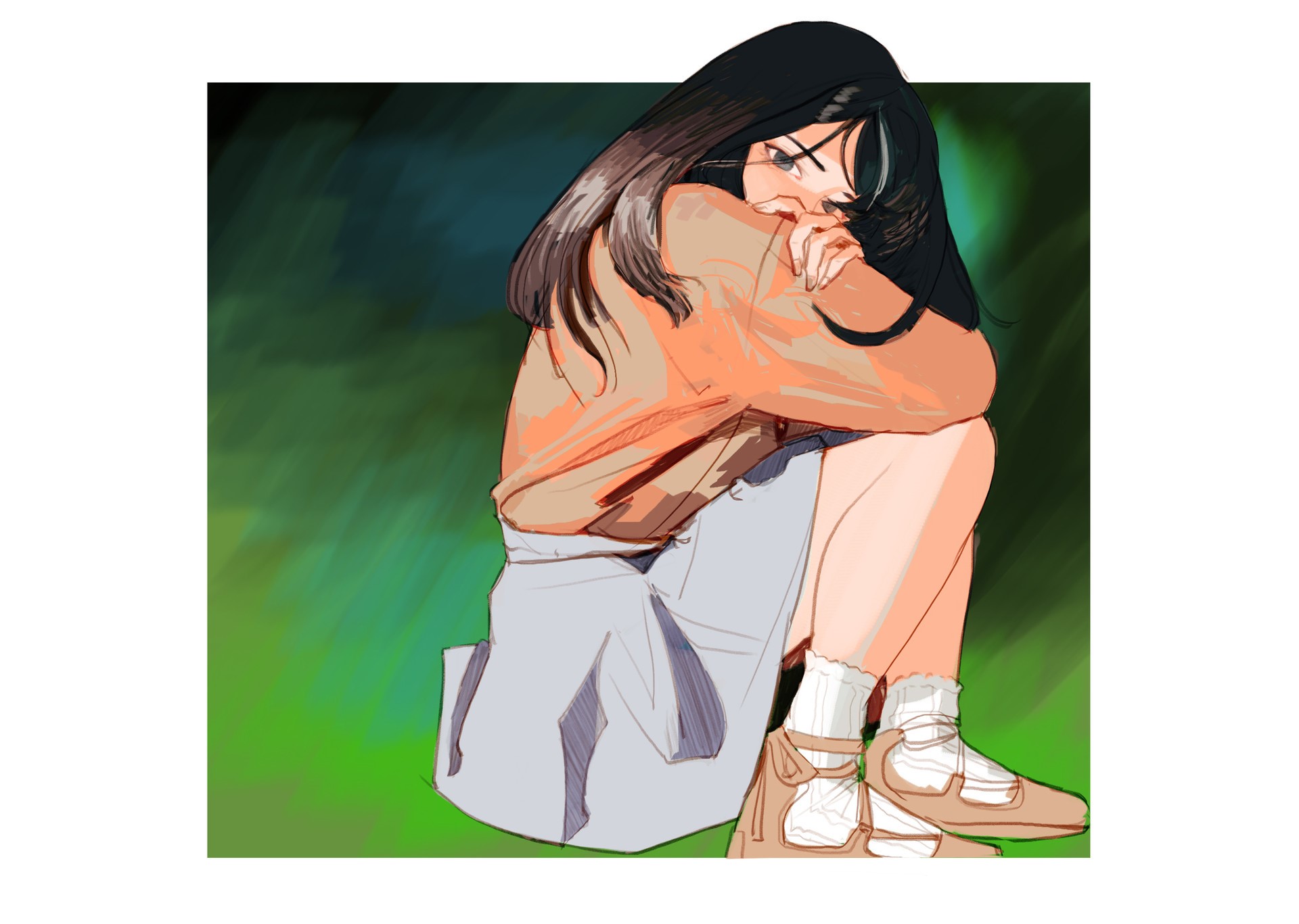Anime girl sitting with knees to chest HD Wallpaper