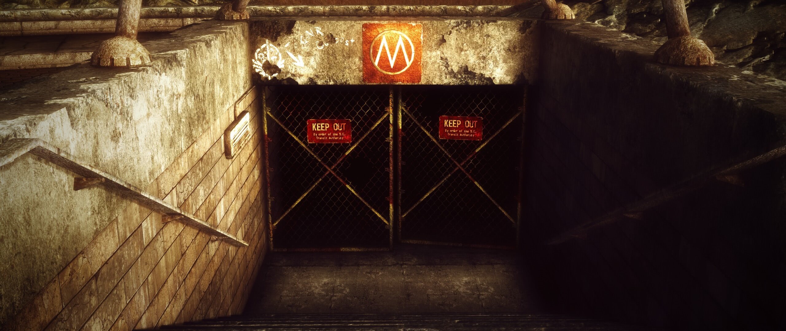 Entrance to a subway station with "KEEP OUT" signs HD Wallpaper