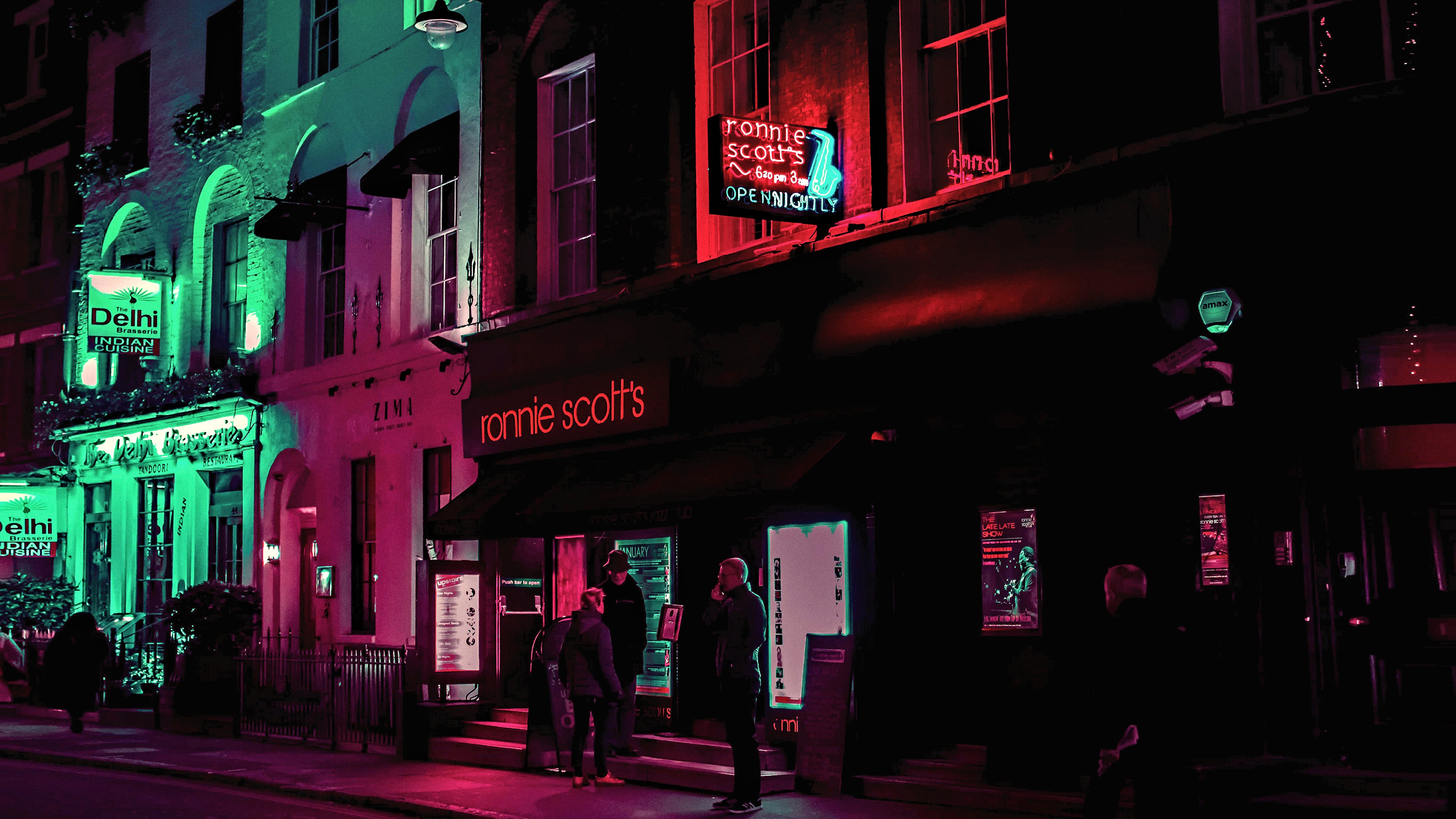Ronnie Scott's and Delhi Indian Cuisine at Night HD Wallpaper