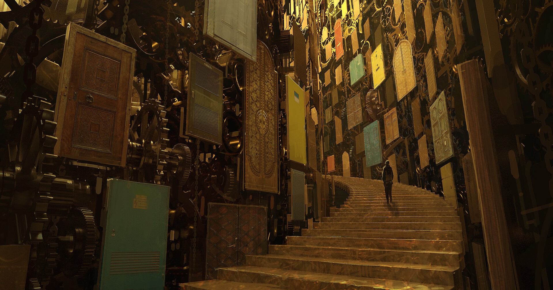 Fantasy artwork of doors and gears with stairs HD Wallpaper