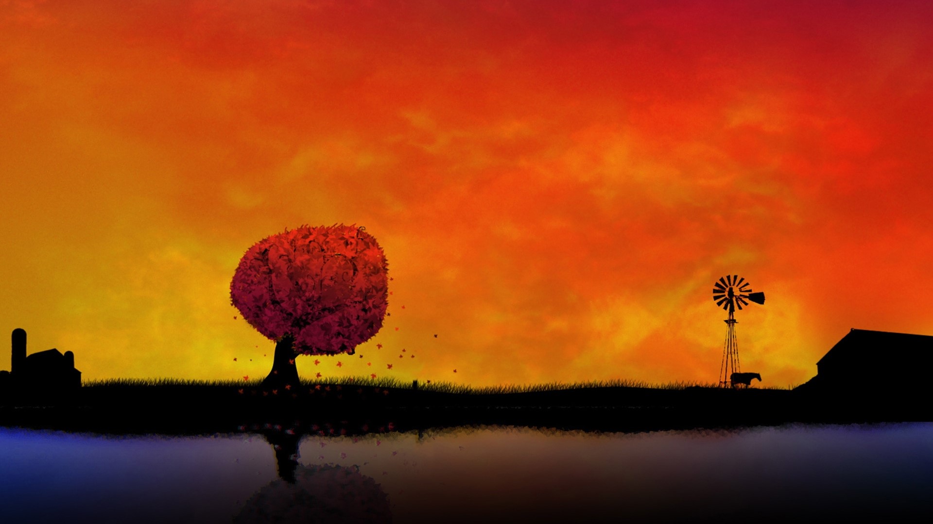Digital painting of a farm at sunset with a lake HD Wallpaper