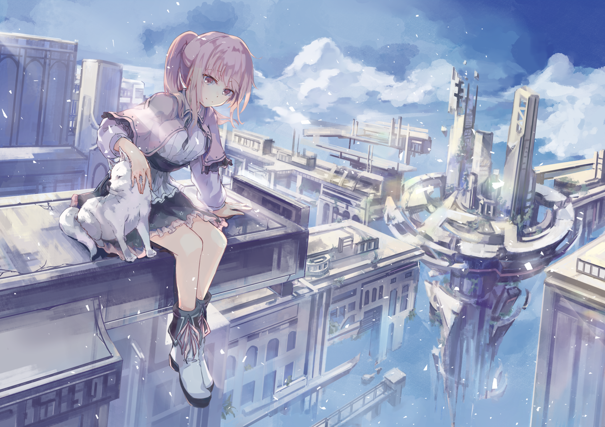 Anime girl with pink hair and white cat on rooftop HD Wallpaper