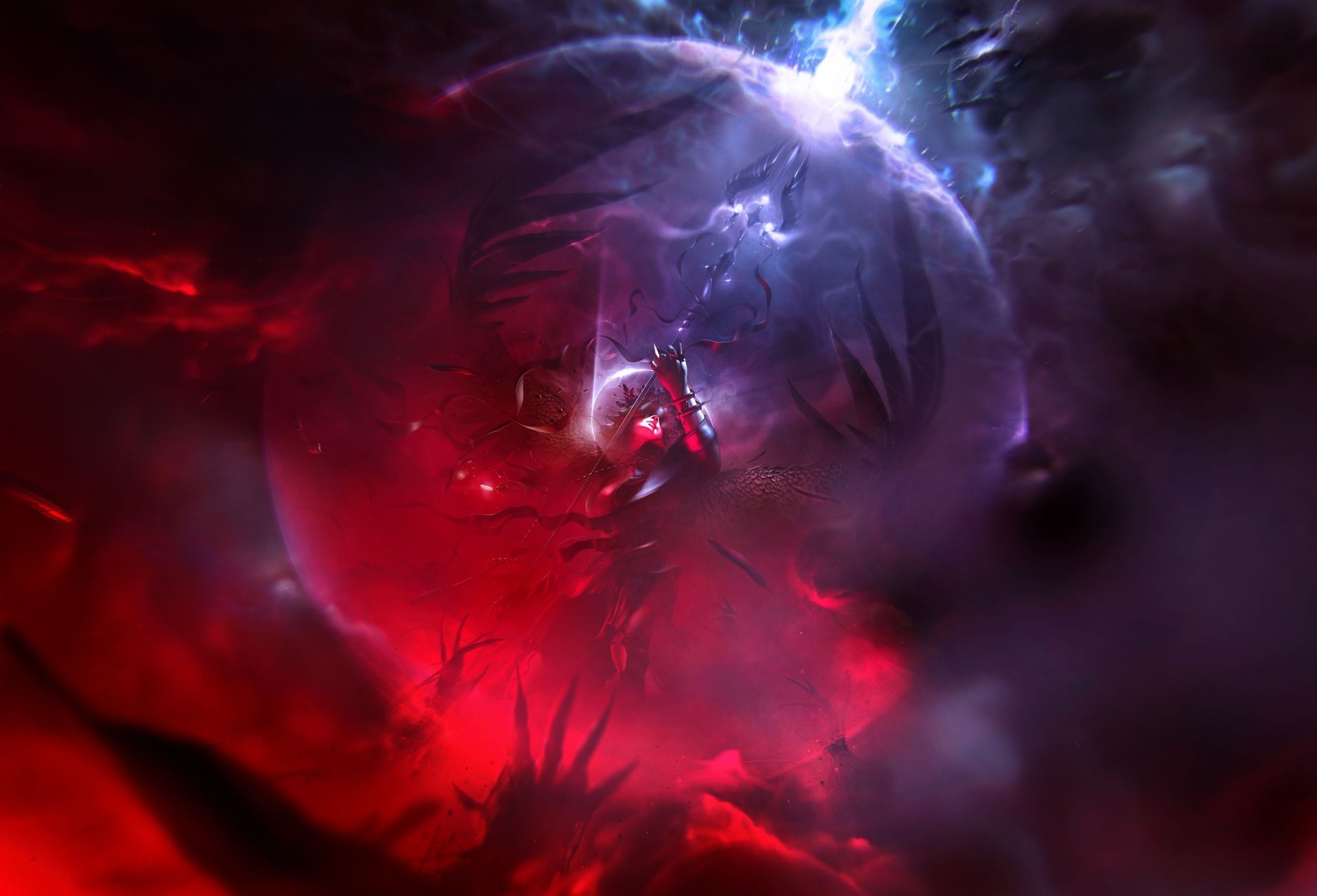 Dark fantasy art with a warrior in a glowing orb HD Wallpaper